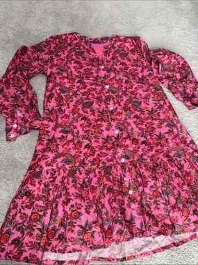 Button-Front Pink Floral Mini Dress with Long Sleeves